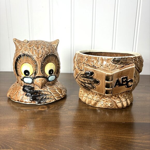 Vintage Owl Cookie Jar Retro Pottery Kitchen Canister Wise Owl Teacher - Picture 9 of 16